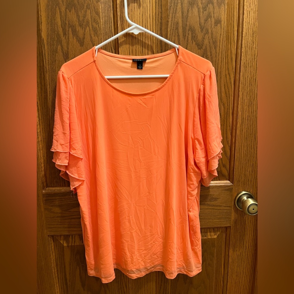 Torrid Stretch Mesh And Stretch Challis Crew Neck Double Flutter Sleeve Top